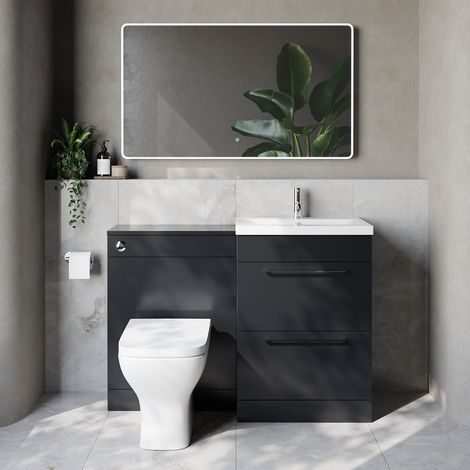 Napoli 390 Cento Gloss Grey 1200mm 2 Drawer Vanity Unit Toilet Suite with Glide Basin - 1200mm - Chrome 320mm HandleWith Kingston Toilet Pan and Seat