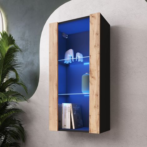 Komodee Vitrine Suspendue Tivoli Vertical 100, Noir/Wotan, LED Bleues Largeur 100cm x Hauteur 50cm x Profondeur 29,5cm, 2 étagères en verre, pour Salon, Chambre (1/5)