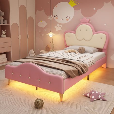 Lit enfant moelleux, 90 x 200 cm, bande lumineuse LED unicolore, tête de lit avec couronne, pieds en métal, tête de lit ondulée, lit simple, PU, rose et blanc (livraison locale, garantie 2 ans). (1/5)