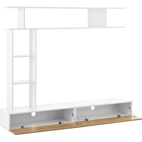 Pared de TV modular 180 x 35 x 150 cm blanca y efecto madera MODENUIT (1/5)
