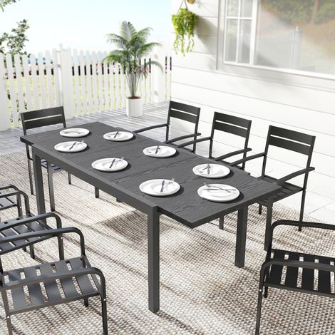 Ausziehbarer Gartentisch mit Aluminiumplatte in Holzoptik, verstellbaren Beinen, für 8–10 Personen, 214 x 85 x 75 cm, Anthrazitgrau