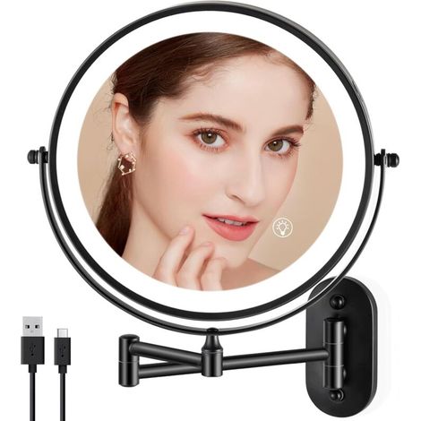 Miroir de maquillage mural, 20 cm, grossissement x3, avec éclairage tricolore – idéal pour la salle de bain, la chambre, etc. – Noir (1/5)