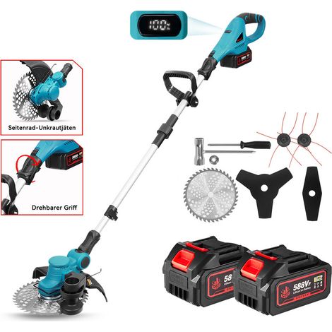 Tagliabordi a batteria da 230 mm, con impugnatura girevole e ribaltabile dotata di rotelle laterali e due batterie da 3000 mAh