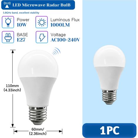 (1 unité, lumière naturelle 4000K) Ampoule radar à micro-ondes avec détecteur de mouvement, 10 W, 1000 lm, sans scintillement (1/5)