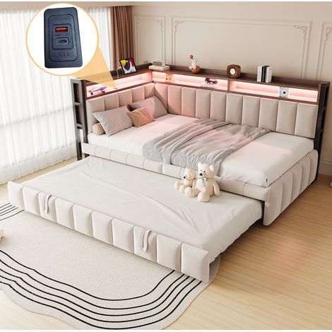 Lit banquette moderne 90x200 cm en velours beige, gigogne, avec LED, rangements, ports USB et Type-C (1/5)