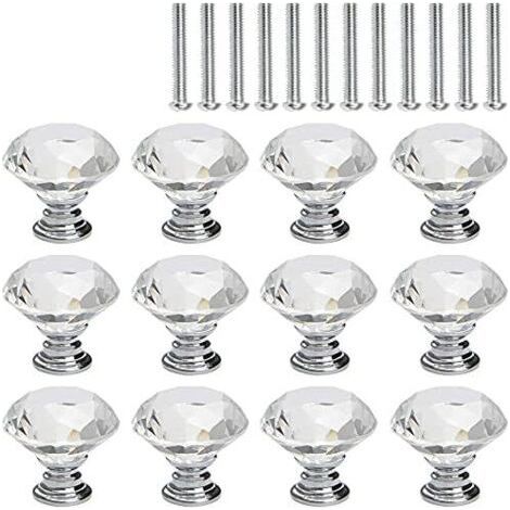 12 Pcs Bouton de Meuble Cristal. Poignée Bouton de Porte Placard Meuble Tiroir. Diamant de Verre Cristal Transparent. Base en Argent (1/5)
