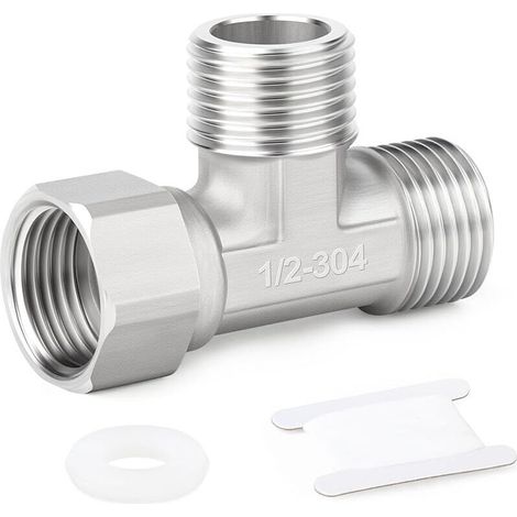 Conector en T móvil flexible de 3 vías (1 unidad) de acero inoxidable 304, con conexión en T macho de 1/2" para rociador, válvula angular y brazo de ducha.