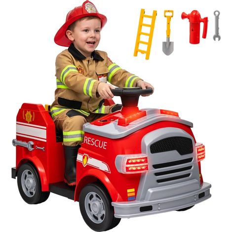 Voiture de pompier électrique pour enfants 3-5 ans vitesse max 3 km/h avec sirène lumières et accessoires inclus (1/5)