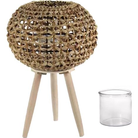 LANTERNA PORTACANDELA NATURALE TONDA STRUTTURA IN METALLO CON INTRECCIO IN BAMBÙ E BICCHIERE IN VETRO 26X34 CM OKX