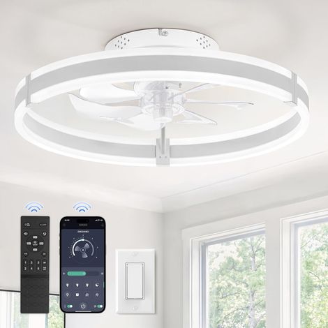 Ventilateur de plafond avec lumière et télécommande, profil bas moderne de 50 cm, lumière LED dimmable, 6 vitesses, silencieux, lustre blanc pour chambre/salon (1/5)