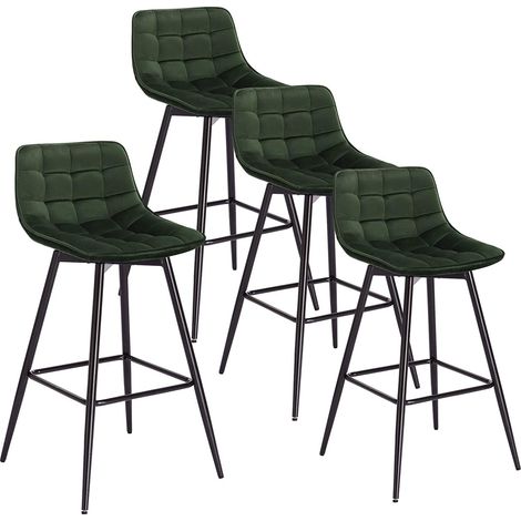 Woltu – Lot de 4 tabourets de bar en velours vert foncé – Hauteur d'assise 64 cm – Pieds en métal – Repose-pieds ergonomique (1/7)