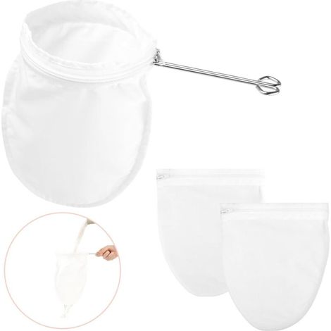 Lot de 3 sacs filtrants réutilisables en maille fine avec poignée en acier inoxydable pour filtrer les noix, le lait, le café, le thé thaï, les jus de fruits, le miel, le vin, l'huile (1/5)