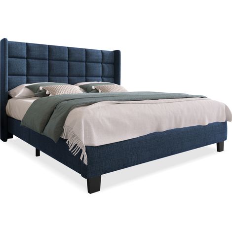 Lit double rembourré 140x200 cm avec tête de lit haute, sommier à lattes, tissu bleu et pieds noirs, style intemporel pour chambre élégante  CHICFURN (1/5)