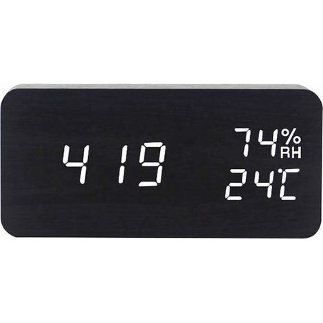 Digital Wooden Alarm Clock with Adjustable Brightness, Voice Control, LED Rectangle Clock with Time and Temperature Display, Home Decor, Black (1/5)