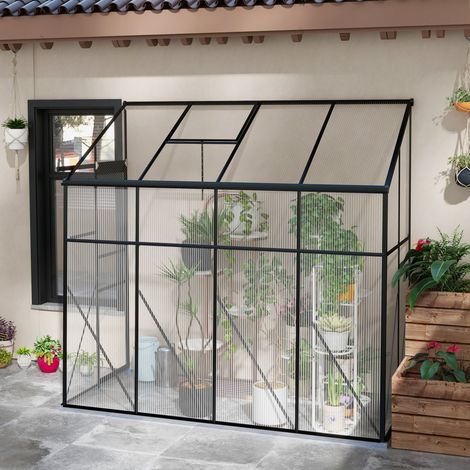 Anlehngewächshaus aus Polycarbonat mit Schiebetür, Dachlüfter und Fundament, 127 x 253 x 240 cm, schwarz
