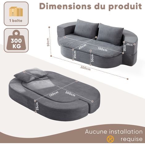 Sofá cama convertible 200x130x50 cm gris claro plegable con 2 cojines tela sin montaje MEUBLIV (1/5)