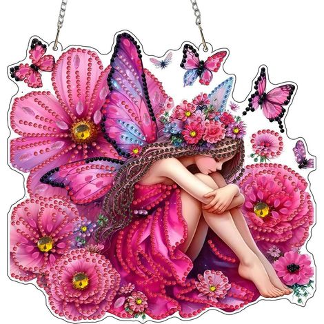 Pendentif Diamond Painting Fée avec chaîne, décoration suspendue pour fenêtre 20x20cm (1/4)