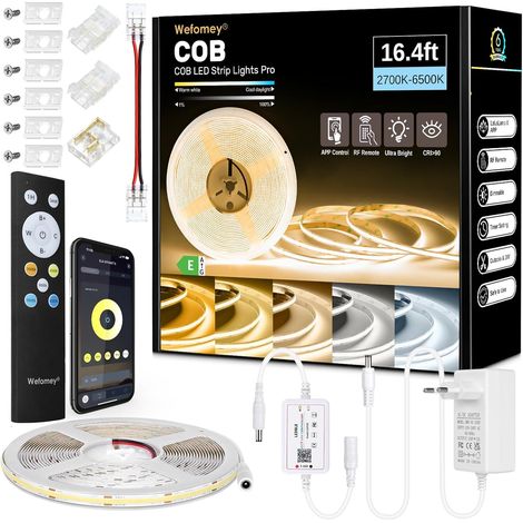 Ruban LED COB 5M, App Control, Bande LED Blanc Chaud Froid 2700K-6500K avec Telecommande et Alimentation, Bande LED 24V Dimmable, 620LEDs/M, CRI92, Largeur 8mm, pour Chambre, Décore de la Maison (1/5)