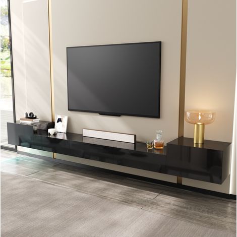 Mueble TV mural 245x30x26 cm con LED multicolor, 5 puertas, gestión de cables, almacenamiento cerrado MDF brillante - negro (1/5)