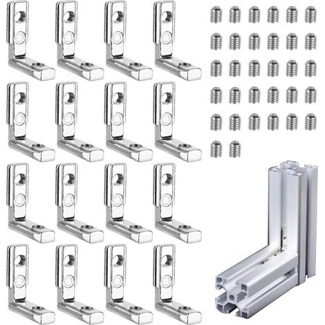 16-teiliges Set rechtwinkliger Befestigungswinkel für Aluminiumprofile, Nut, 90°-L-förmige Winkel, Zinklegierung, Serie 20