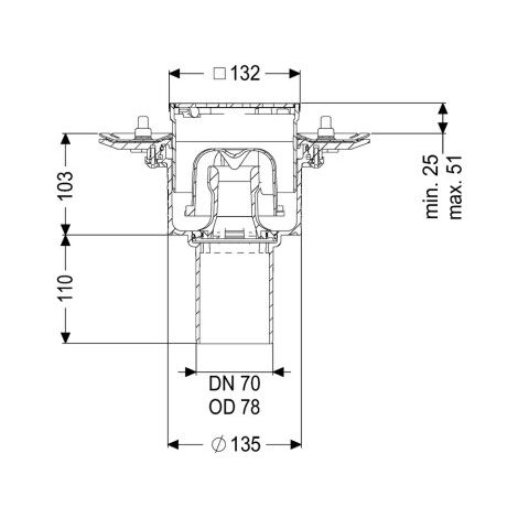 Siphon de sol Ecoguss Pressfl. DN 70, vertical, grille design