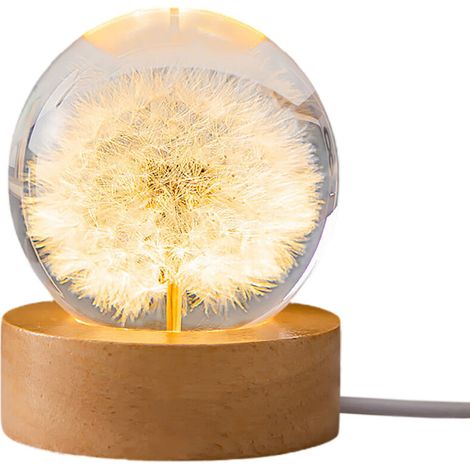 Boule lumineuse LED en cristal avec fleurs de pissenlit préservées, lampe de chevet design bois, USB, 6 cm, pour chambre – cadeau Noël & anniversaire ACKERMAN (1/2)