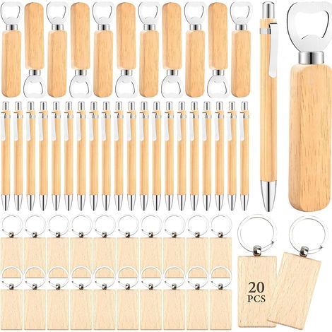 60 Pièces Kit Gravure Laser Bois DIY-Décapsuleurs Bois, Porte-Clés et Stylos Bambou Personnalisables, Gravables pour Mariage, Fête, Bar, Hôtel, Cadeaux Artisanaux (1/5)