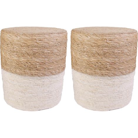 Altobuy – Lot de 2 poufs ronds tressés en jonc naturel et beige – Ø35 x H41 cm – Assise bicolore pour décoration intérieure