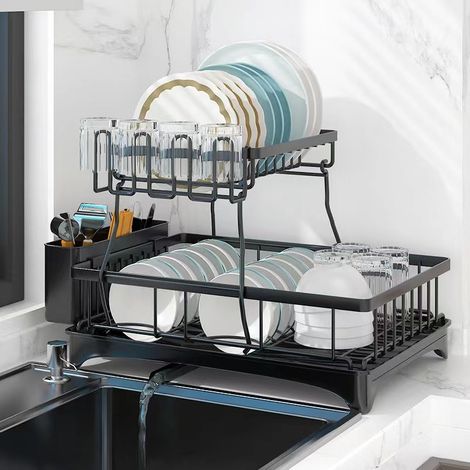 Egoutoire Vaisselle Cuisine 2 Niveaux, Égouttoir Vaisselle en Acier Inoxydable avec Porte-Gobelets et Porte-Ustensiles, Grande Noir Séchoir à Vaisselle Rangement Vaisselle avec Vidange Automatique (1/5)