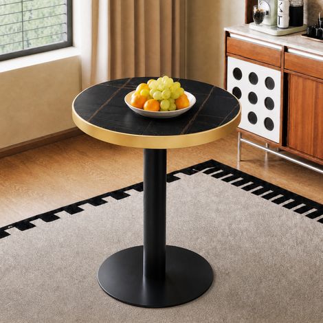 Table d'appoint ronde moderne, plateau aspect marbre avec bord doré, cadre en métal stable noir/or, table basse pour salon (1/5)