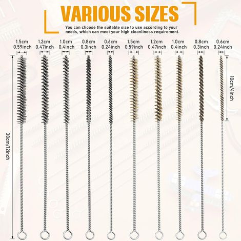 Lot de 10 brosses métalliques rondes en acier inoxydable pour nettoyage de tuyaux en laiton pour pièces automobiles, bouteilles, tubes, 5 tailles (10 pièces) (1/4)