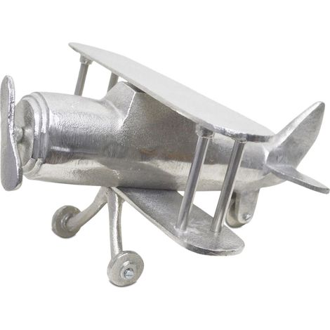 HOMESCAPES Large Designer Solid Metal Biplane Classic Silver Table Top