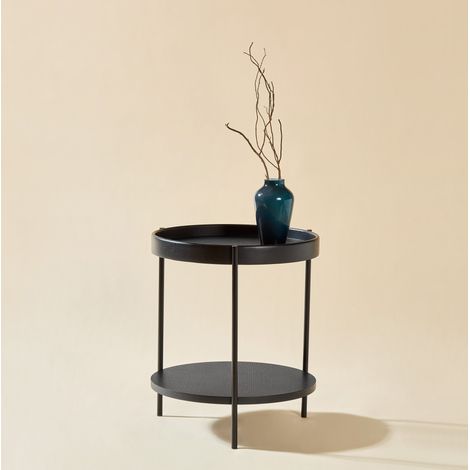 Tavolino rotondo 44x44x48 cm in legno e metallo nero con ripiano, FloraGrace (1/5)