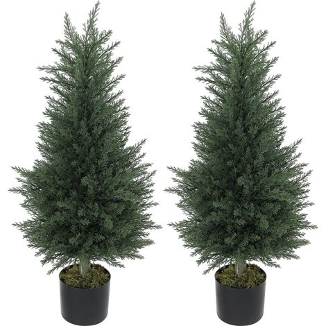 Lot de 2 Cyprès artificiels UV résistants avec 362 feuilles, pots inclus, verts, pour intérieur et extérieur (1/5)