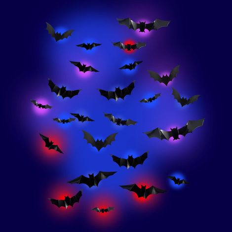 Lot de 24 décorations d'Halloween en forme de chauve-souris avec éclairage LED 3D à faire soi-même horrible pour Halloween