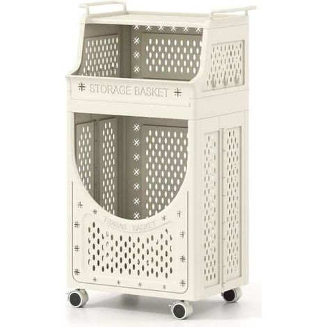 Chariot à linge pliable 3 niveaux avec panier, crochets et 4 roulettes dont 2 verrouillables pour buanderie (1/5)
