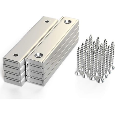 Aimants en pot rectangulaires en néodyme 30kg Force de traction Lot de 8 avec trou fraisé, vis de montage, aimants solides en terre rare de qualité industrielle pour la maison (1/5)