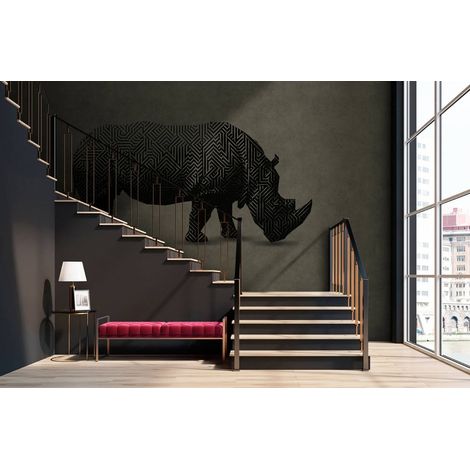 Papier peint panoramique rhinocéros géométrique | Tapisserie panoramique design idéale salon | Papier peint panoramique animaux moderne pour escalier - 270 x 400 cm (4 pièces) (1/5)