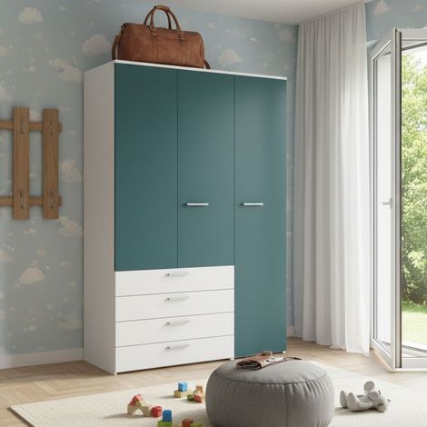 L.135 H.193,8 - Armadio ad ante battenti con appendiabiti e cassetti - Design moderno e funzionale - Bianco e Petrolio (1/5)