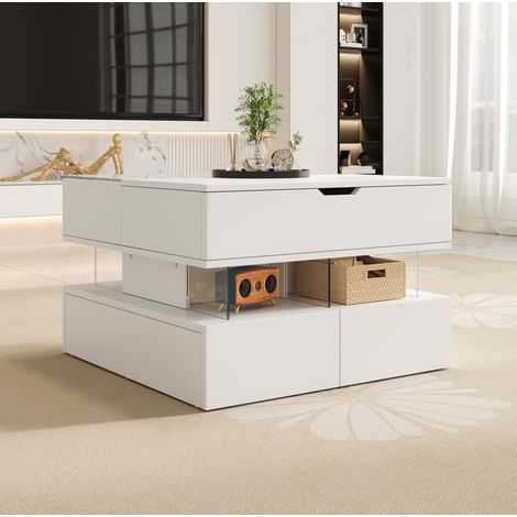Tavolino da salotto sollevabile con LED a 16 colori, vetro e vani, bianco DESVIAE (1/5)
