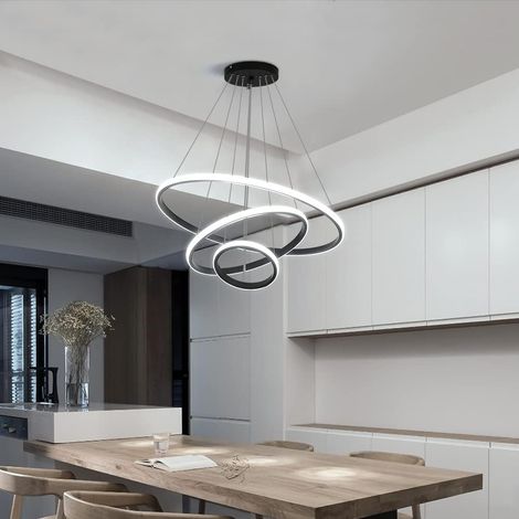 Plafonnier LED, Lustre Moderne LED 76W en Forme de Cercle Noir, 3 Anneaux, Suspension en Aluminium 6000K (1/5)