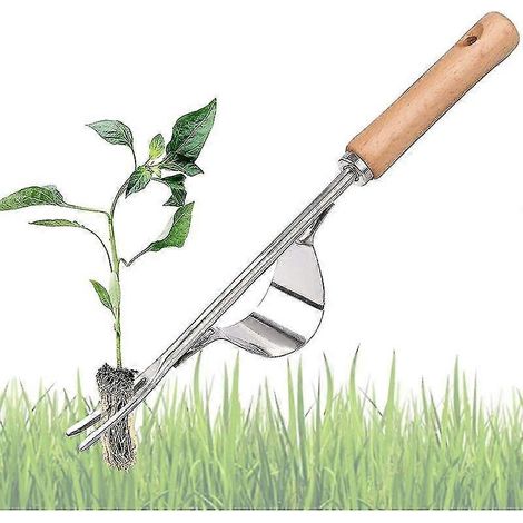 Désherbeur manuel en acier inoxydable avec manche en bois, outil idéal pour un désherbage rapide des sols et des jardins. Fourche à désherber manuelle en forme de Y. (1/5)