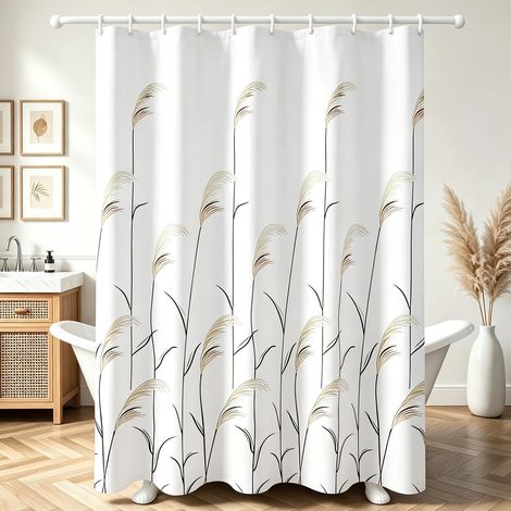Cortina de ducha de 180 x 180 cm, con estampado de espigas de trigo, dobladillo con peso, resistente al moho, impermeable, lavable, de tejido de poliéster, con 12 ojales y anillas, para baño (1/5)