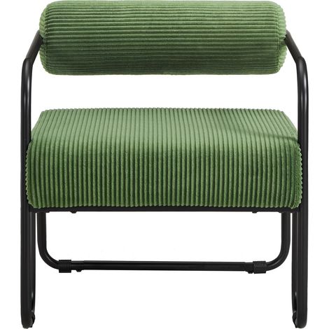 Fauteuil lounge en velours côtelé vert, design compact avec dossier cylindrique et structure métal noir, pour salon, chambre ou bureau, très confortable, CHICFURN (1/5)