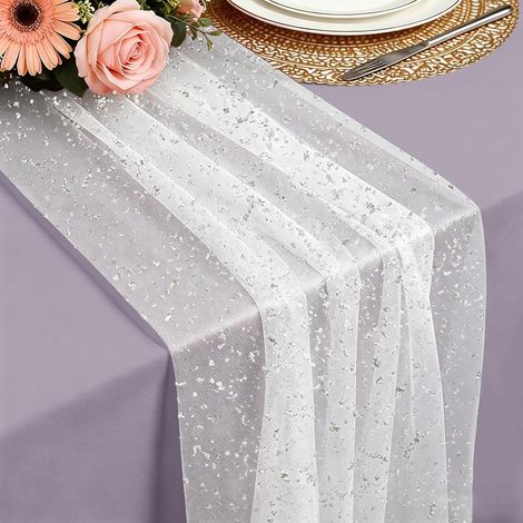 Camino de mesa plateado, 70 x 300 cm, ligero y fluido, de tul plateado metalizado, ideal para bodas bohemias, cumpleaños, Navidad, Año Nuevo y decoración de mesas y arcos. (1/5)
