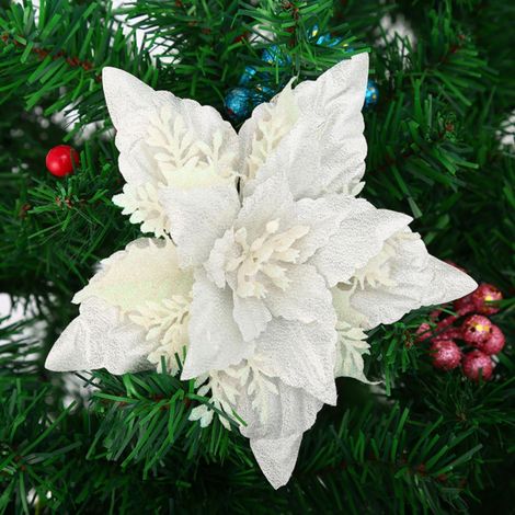 Fleur De Noël Artificielle - Diamètre 18 Cm - En Polyester Et Paillettes - Pour Arbre De Noël Décoration Intérieure Extérieure - Lot De 5 (1/5)
