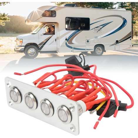 Interrupteur à bouton-poussoir autobloquant 4 positions en acier inoxydable avec voyant bleu et plaque en aluminium brossé câblage et autocollant inclus. 12 V CC, 16 A. Convient aux camping-cars, bat (1/5)