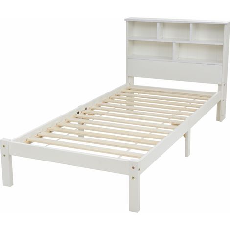 Cama individual 90x200 cm blanca con cajones, estantería cabecero y somier HOMVRA (1/5)