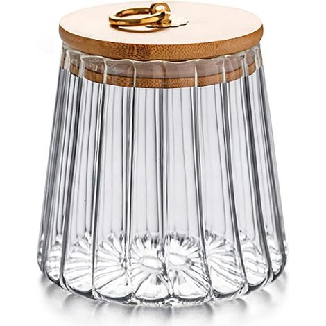 Luftdichter, blütenblattförmiger Glasbehälter für Kaffee/Nüsse mit Bambusdeckel und Metallgriff.