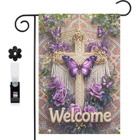 Bannière de cour Welcome et croix lumineuse 30 x 45 cm décoration porche et maison (1/5)